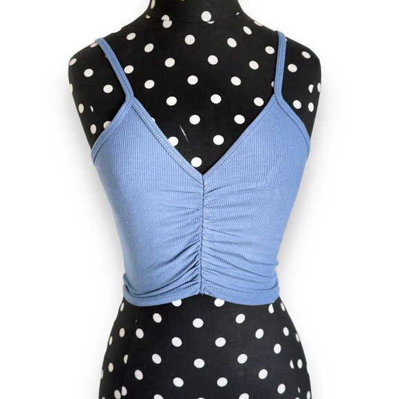 SOLD - Full Tilt Women Tank S Blue Ribbed Knit Ruched Gathered Cropped Spaghetti - Picture 3 of 8